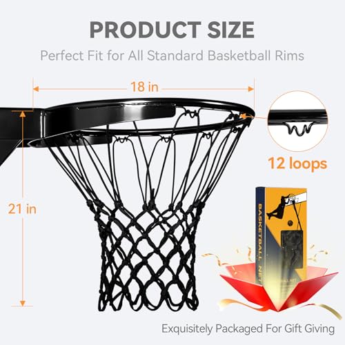 Professional Basketball Net Replacement, Heavy Duty Nylon 12 Loops, All Weather Anti-Whip Basketball Hoop Net Fits Standard Indoor Outdoor Rims, Gift Box Packaging (Net Only)