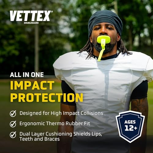 Markwort Vettex Doubleguard Mouthguard for Football, Lacrosse, MMA, Boxing, Braces - Breathable Doubleguard with Lip Protection and Strap, Black - color: Black