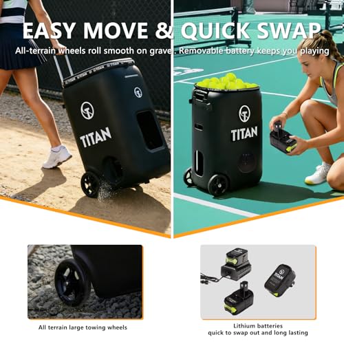 Titan ONE Tennis Ball Machine with 130-Ball Capacity & Internal Oscillation | Remote Control via Free App, 80 MPH Speed, Portable with Trolley Handle & Wheels