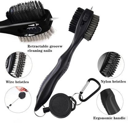 Golf Club Brushes, Golf Cleaning Tool, with Retractable Cleaning Nails, Nylon and Wire Bristles Oversize Double Brush Head with 2ft Retractable Zip-line Metal Buckle