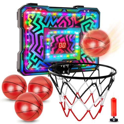 Indoor Mini Basketball Hoop, Over the Door Basketball Hoop with LED Lights/Scoreboard/4 Balls, Upgraded Reinforced Backboard Frame, Basket Ball Toys Gift for Kids Ages 3-5-12+ Boys Girls - color: Colorful Geometric