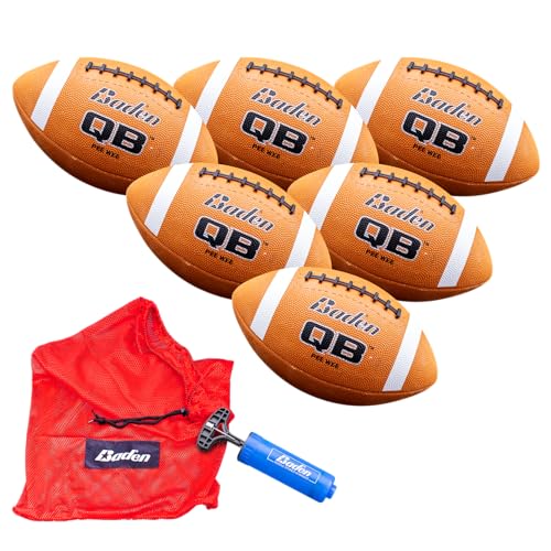 Baden QB Rubber Football | Molded Rubber Cover and Laces Holds up to Tough Conditions | Ideal for Backyard Play, Camps & Leagues | Brown | Pee-Wee, Junior, Youth, Official Sizes - size: Pee-Wee Size 5, style: 6-Pack