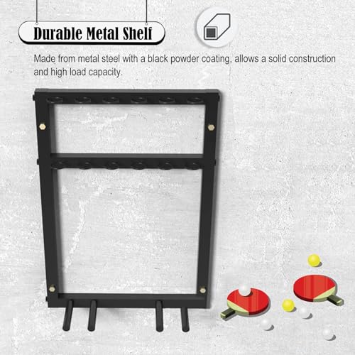 Ping Pong Paddles Holder Wall Mount, Metal Table Tennis Storage Rack for Game Room/ Man Cave/ Apartment - Holds 6 Paddles & 12 Balls, Space Saving Display Stand Holder Shelf Sport Equipment Organizer