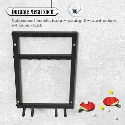 Ping Pong Paddles Holder Wall Mount, Metal Table Tennis Storage Rack for Game Room/ Man Cave/ Apartment - Holds 6 Paddles & 12 Balls, Space Saving Display Stand Holder Shelf Sport Equipment Organizer