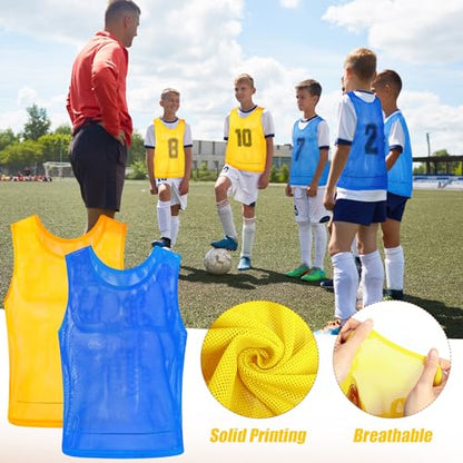 Vabean 24 Pack Nylon Mesh Scrimmage Team Practice Vests Pinnies Jerseys Train Vest for Adult Sport Basketball Soccer Football - color: Yellow, Light Blue