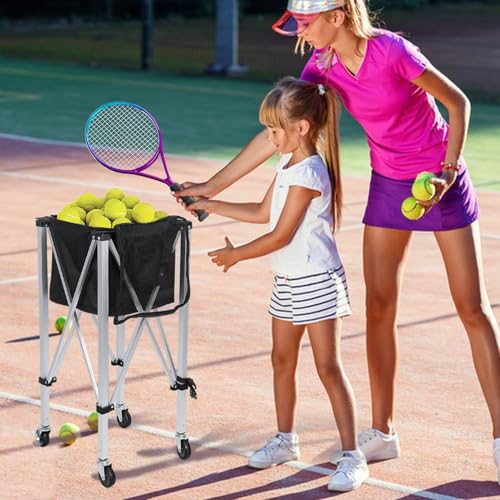 Tennis Ball Basket Hopper with Side Pockets,Portable Sports Teaching Cart with Wheels,Lightweight Foldable Tennis Ball Cart Holds 160 Balls for Tennis Player,Carrying Case Included Black