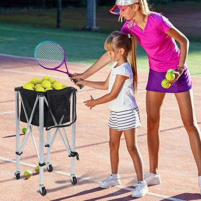 Tennis Ball Cart - Holds 160 Balls, Foldable Lightweight Tennis Ball Hopper with Wheels, Removable Bag, Side Pockets, Carry Bag - Portable Sports Teaching Cart