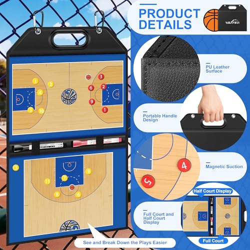 Magnetic Basketball Coaching Board | Foldable Leather Basketball Clipboard Kit for Coaches | Professional Basketball Tactic Board | Dry Erase Strategy Whiteboard | Carry Handle | Lightweight