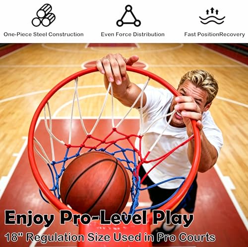 Rakon 18" Replacement Basketball Rim Wall Mount Hoop Hand-Crank Backboard Mounted for Indoor/Outdoor Classic Basketball Court, Teens, Adults, Schools, Parks - color: 18" Red Solid