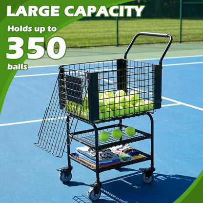 Tennis Ball Basket Cart Large Capacity Training Ball Pickup Basket Holds 350 Balls for Teaching & Court Use
