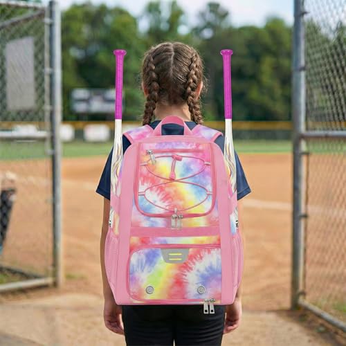 Youth Baseball Bag - Softball Bag for Girls & Boys with Shoes Compartment, Bat Backpack for Baseball, T-Ball & Softball Equipment - color: Tie-dye-Pink