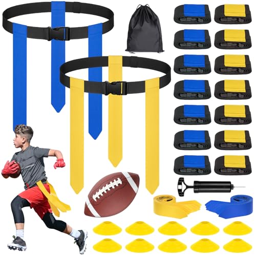 BORNEW Flag Football Set - 14/20 Player Adjustable Belts with Cones, Football, Pump, Bag, for Youth and Adults Training - color: 3.yellow Blue, style: 14 Player Kit