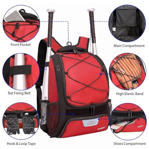 DAFISKY Baseball Bag Softball Backpack - Youth Adult T Ball Bat Equipment Bag with Bat Helmet Holders, Shoe Compartment - color: Red