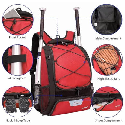 DAFISKY Baseball Bag Softball Backpack - Youth Adult T Ball Bat Equipment Bag with Bat Helmet Holders, Shoe Compartment - color: Red