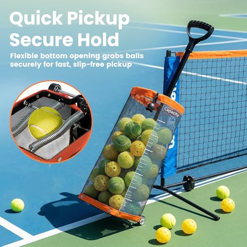 Rolling Tennis Ball Hopper with Wheels - Pickleball Picker Upper and Tennis Ball Basket - Adjustable Tennis Ball Picker and Pickleball Hopper - Portable Wheeled Ball Collector for Courts