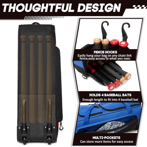 Baseball Bag with Wheels for 4 Bats,Soft Rolling Baseball Bag With Multi-Pockets, Fence Hook, Holds All Baseball Equipment. - color: Blue/Blk