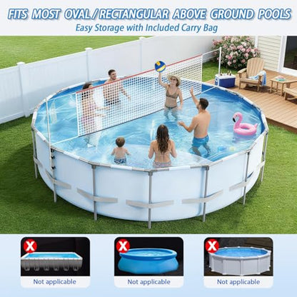 Above Ground Pool Volleyball Net Set, Adjustable 10-27FT Width Swimming Pool Volleyball Net, Outdoor Poolside Games with Ball, Carry Bag, Pump, Poles - Fun Swimming Water Games for Kids Adults Family
