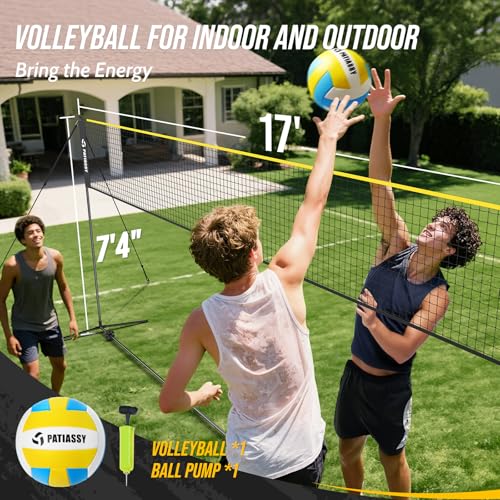 Volleyball Badminton Pickleball 3-in-1 Combo Net Set, 5.1-7.4ft Adjustable Height Sports Nets for Backyards, Portable 17ft Outdoor Net with Carry Bag, Rackets and Balls