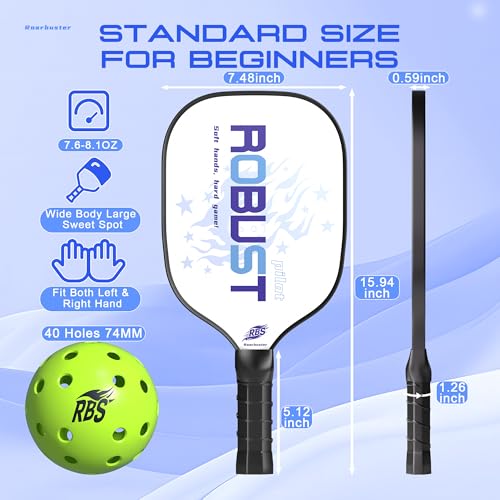 Pickleball Paddles Set of 2 or Single Option-Fiberglass or Carbon Fiber Face – Durable Solo Paddle or Complete Set with Balls & Carry Bag – Improved Spin & Precision - color: White-Fiberglass