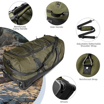 110L Expandable to 140L 32” Foldable Oxford Soft-Sided Rolling Duffle Bag with 2 Heavy-Duty Wheels,2 Large Compartments,Adjustable Shoulder Strap and Attached Organizer Pouch,Green - color: Army Green