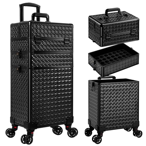 3 in 1 Rolling Makeup Train Case Professional Large Cosmetic Trolley Cosmetology Case on Wheels Traveling Cart Trunk for Hairstylist Artist Nail Beauty Salon Barber, Black - color: Black, size: 3 IN 1