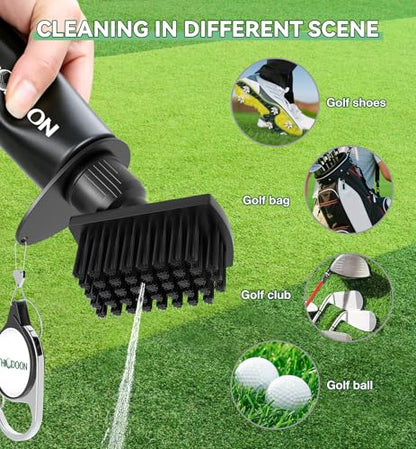 THIODOON 2 Pack Black Golf Club Brushes Set with Handy Retractable Clip & 4oz/7.5 Inch Squeeze Water Bottle Easy Cleaning with Nylon Golf Club Cleaner Head Essentials Golf Accessories for Men