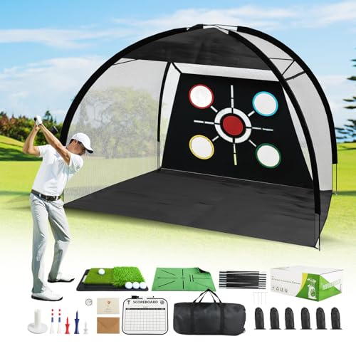 Golf Net, Pro-Grade 10x7 FT Practice Net Kit with 2-in-1 Replaceable Non-Slip Turf Mat, Golf Driving Nets for Backyard, Chipping Swing Training for Golfer Indoor/Outdoor