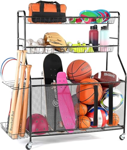 HOME IT Garage Sports Equipment Organizer - Garage Ball Storage Rack Organizer Holder with Baskets, Rolling Wheels & Breaks - Large Capacity Heavy Duty Steel Ball Storage Cart