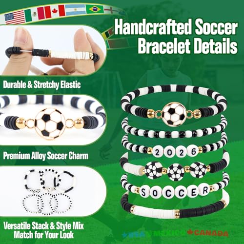 Soccer Gifts for Girls Boys Women - 2026 Soccer Bracelets for Game Day - Handmade Black White Heishi Beaded Stretchy Bracelet Stack Jewelry Team Gift for Players Fans, Sports Party Favors