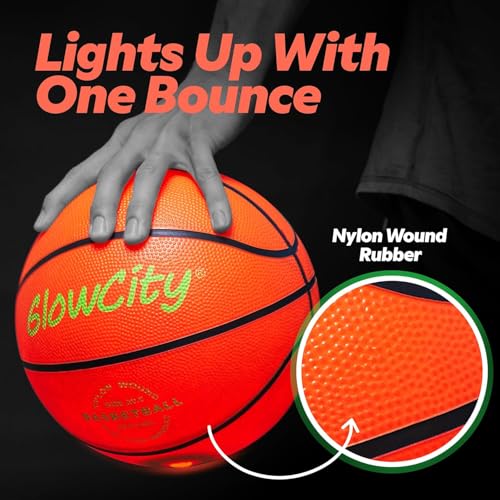 GlowCity Glow in The Dark Basketball - Size 5, 6, 7 Light Up Ball for Kids, Teens & Adults - Night Outdoor Games - Sports Birthday Gifts Ideas for Boys Ages 6 7 8 9 10 11 12 13 14 15 - size: Size 7 - 29.5", style: Rechargeable Rubber (Pump + Box)