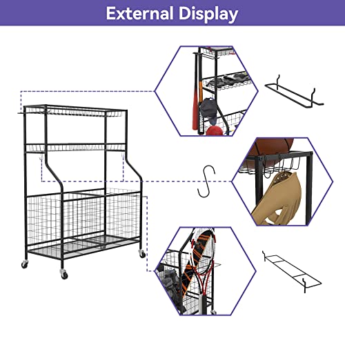 WALMANN Garage Ball and Sports Equipment Organizer, Ball Storage Rack Indoor/Outdoor Kids Balls/Toys Storage Stand, Rolling Ball Cart