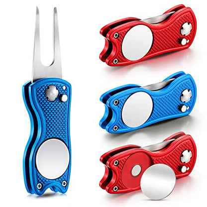 Skylety 4 Pcs Golf Divot Repair Tool Metal Foldable Golf Divot Tool with Magnetic Pop-up Button Ball Marker Stainless Steel Switchblade for Golfers Prizes - color: Red, Blue