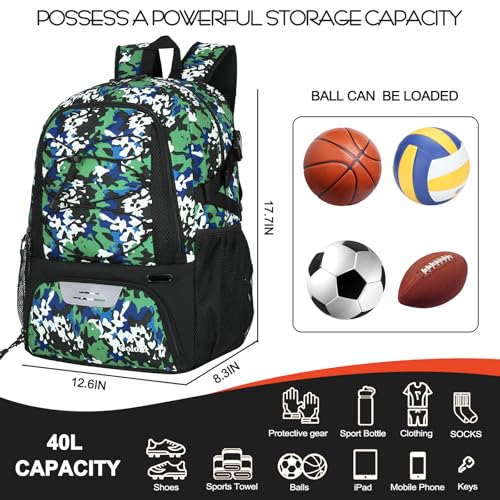 Goloni Basketball Backpack,Large Sports Bag with Ball Compartment & Shoe Compartment,Basketball Bag Fit Volleyball, soccer,Gym - color: Camouflage green