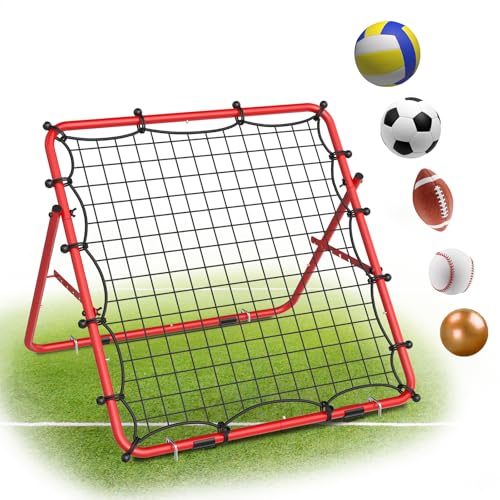 Baseball Rebounder Net, Metal Frame & High-Tension PE Net, Lacrosse Bounce Back PracticeTraining Equipment, Adjustable Softball Pitchback Net, Perfect for Improving Balls Training Skills - color: Red