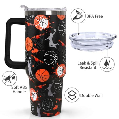 Ceovfoi 40 oz Basketball Coffee Mug Cup Vacuum Insulated Travel Tumbler with Handle Lid and Straw,Basketball Coach Gifts,Accessories Stuff - color: Basketball