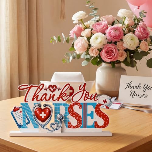 Smile Nurse Month Wooden Tabletop Decor Thank You Nurses Plaque with Stands Indoor Home Office Decor Nurse Appreciation Gift - style: Letter Nurse