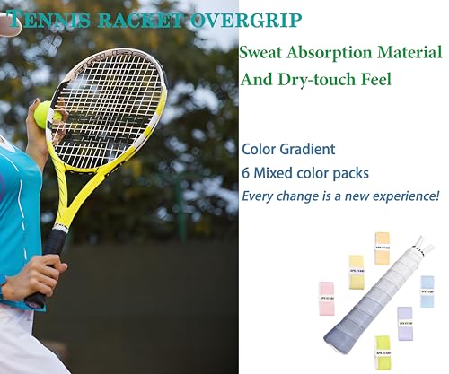 Tennis Racket Grip 6 Pack, Precut Anti Slip Tennis Overgrips Tape with Dry Feel, Sweat Absorption, Comfortable Handle Overgrip Grip Wrap for Tennis/Badminton/Pickleball