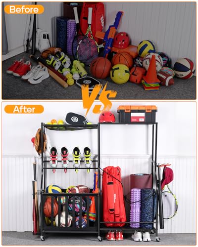 EXTCCT Garage Sports Equipment Organizer with Wheels - Golf Bag Storage Rack and Ball Storage Bins, Heavy Duty Rolling Garage Organizer System with Basket and Hooks for Indoor (Black-Large)