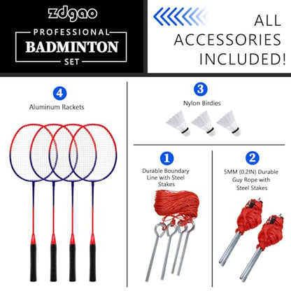 Zdgao Badminton Sets for Backyard, Portable Badminton Net with Tension Adjuster, Badminton Racket Set of 4, 3 Nylon Shuttlecocks, Boundary Line and Carry Bag for Backyard Beach Family Games - color: RED&BLUE