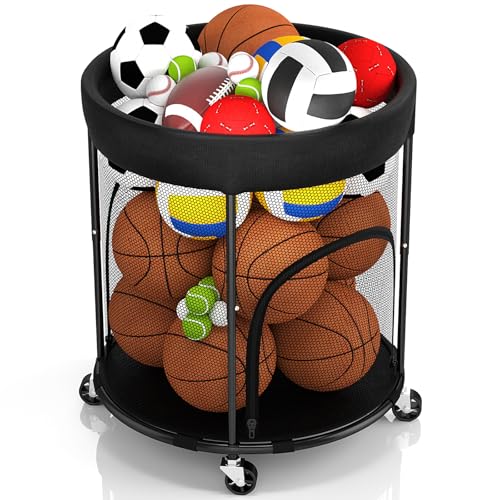 Ball Storage, Basketball Holder Ball Rack Basketball Organizer Bin 2 Side Opening Ball Cart with Wheels Sports Equipment Organizer Ball Organizer for Garage Room Gym Indoor & Outdoor