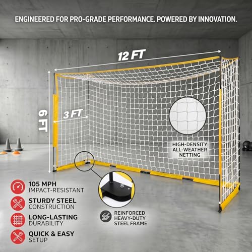 Soccer Goal,12x6ft Soccer Net for Backyard Training, Upgraded Collapsible Metal Base, Portable Soccer Goals for Backyard, Easy Set Up Soccer Net with 1 Carry Bag & 4 Guy & Ropes 8 Ground Stakes