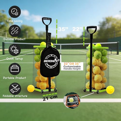 Rolling Tennis Ball Hopper & Picker Basket with Wheels, Holds 50+ Tennis Balls or 40+ Pickleballs, Lightweight Retriever Collector, Durable Easy Pick Up Ball Collector with Paddle Bag, Upgraded