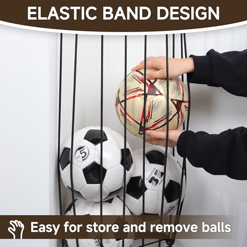 Garage Ball Storage Rack - Wall Mounted Ball Holder with Elastic Cords, Large Capacity Sports Organizer for Basketball, Soccer, Football, Volleyball, Black