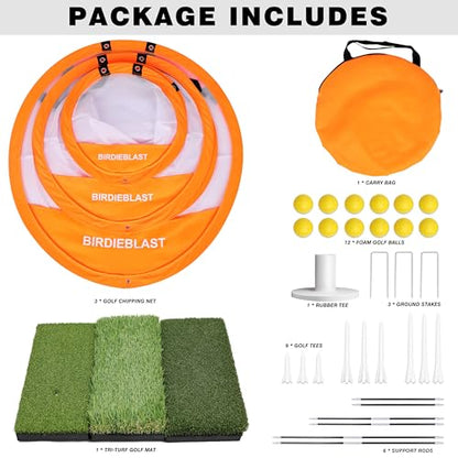 Professinoal Golf Chipping Net with Golf Hitting Mat,12 Practice Foam Balls and 2 Pixing Pins, for Indoor and Outdoor Target Chipping Training - style: 3*Chipping Net+Tri-Turf Hitting Mat