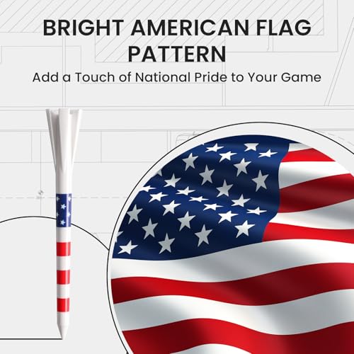 VEASAERS Golf Tees Plastic 30 USA Flag Long Tees 3 1/4 Inch and 20 More Short Tees 1 1/2 Inch Value Pack Gift Set American 5-Prong Tall Tee Unbreakable Easy to Find for Driving Range