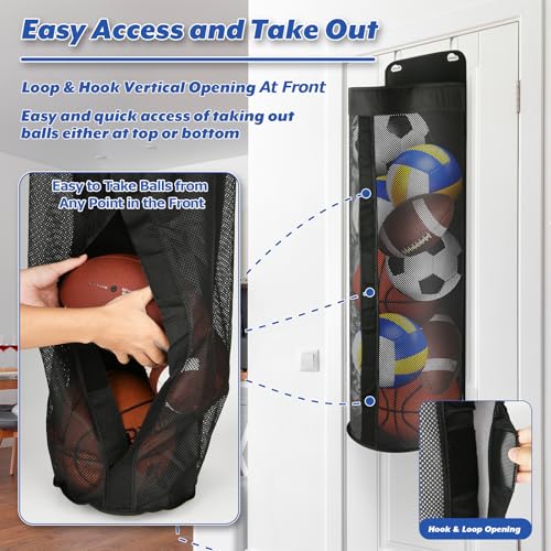 Cosmos Ball Storage Organizer Over Door Hanging Sports Equipment Storage Net Bag Home Garage Sports Accessories Hanging Bag for Holding Basketball Football Soccer Volleyball, with 2 Pcs Metal Hooks