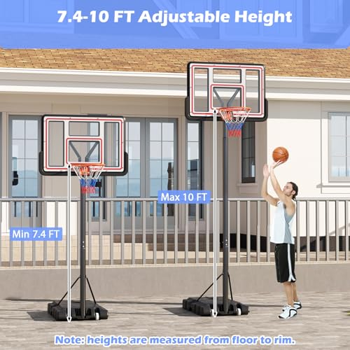 Goplus Basketball Hoop Outdoor, 7.4-10FT Quickly Height Adjustable Basketball Goal with 44 Inch Shatterproof PC Backboard, Wheels, Adults Basketball Stand for Court Backyard Driveway