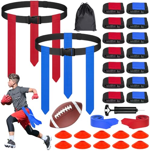 BORNEW Flag Football Set - 14/20 Player Adjustable Belts with Cones, Football, Pump, Bag, for Youth and Adults Training - color: 2.red Blue, style: 14 Player Kit