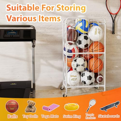 Olldide 250L 43-Inch Large Ball Storage Basket with Wheels, Rolling Cart Sports Equipment Garage Organizer with Elastic Rope for Easy Access, Holder For Basketball, Soccer, Volleyball, Football