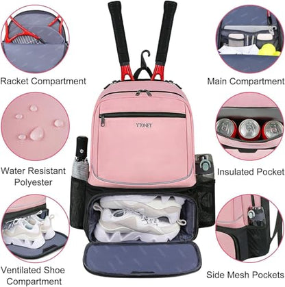 Ytonet Tennis Bag Tennis Backpack for Women Men 2 Rackets with Insulated Pocket Ventilated Shoe Compartment
